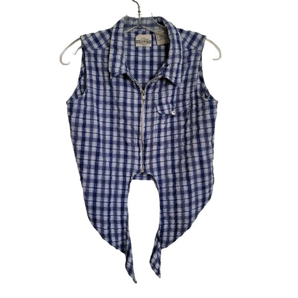 Denim Republic Denim Blue and White Plaid Sleeveless Cropped Zip Closure - Picture 2 of 7